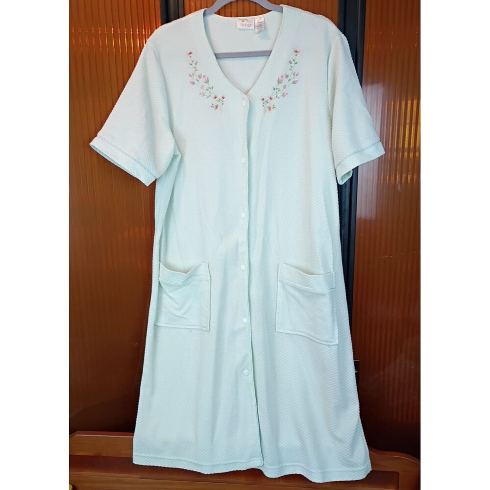Coffee Time Women Sz Large House Dress Robe Light Mint Green Snap Front